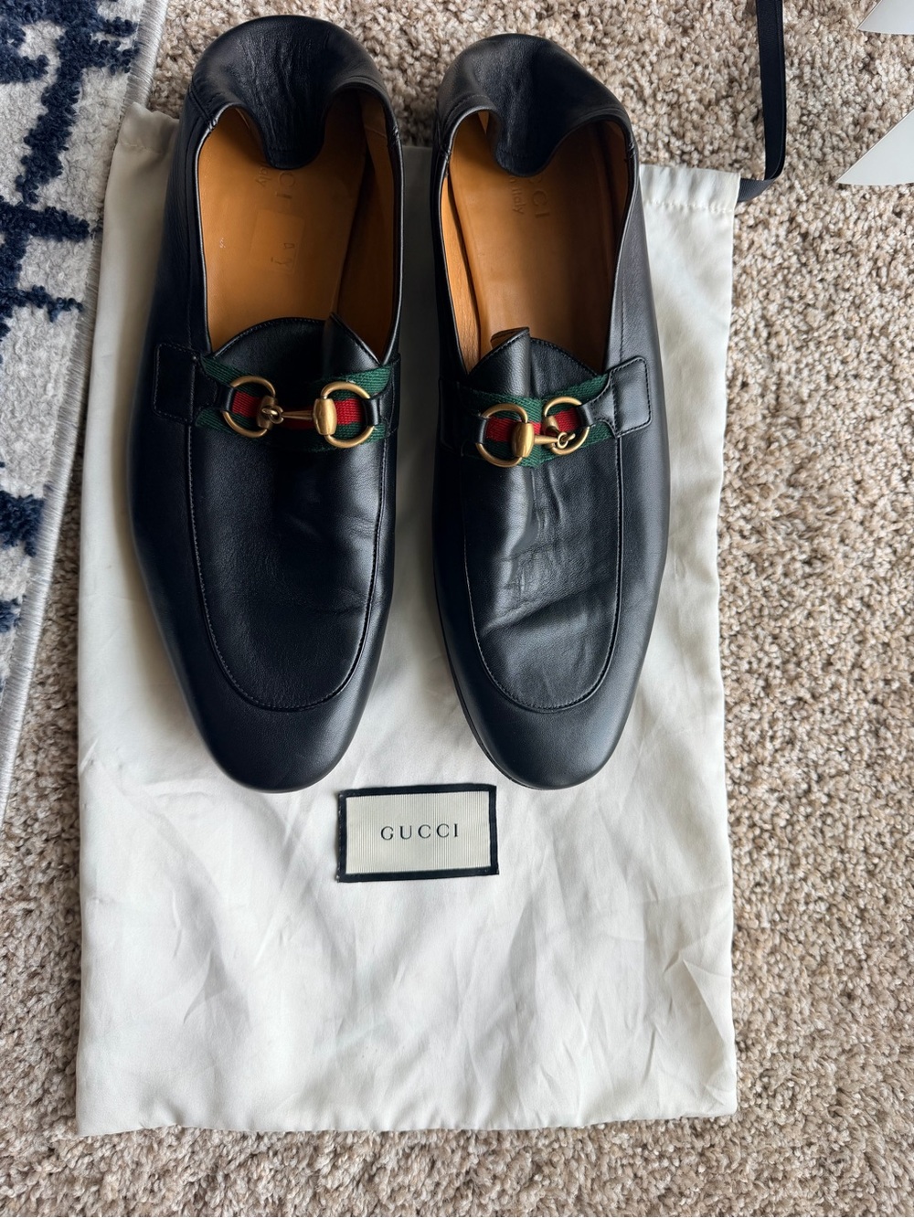 Gucci Black Leather Loafers with Green-Red Web & Gold Horsebit